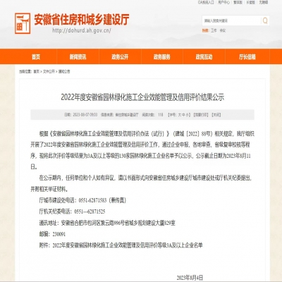 绿叶集团荣获2022年度安徽省园林绿化施工企业效能管理及信用评价等级5A级称号
